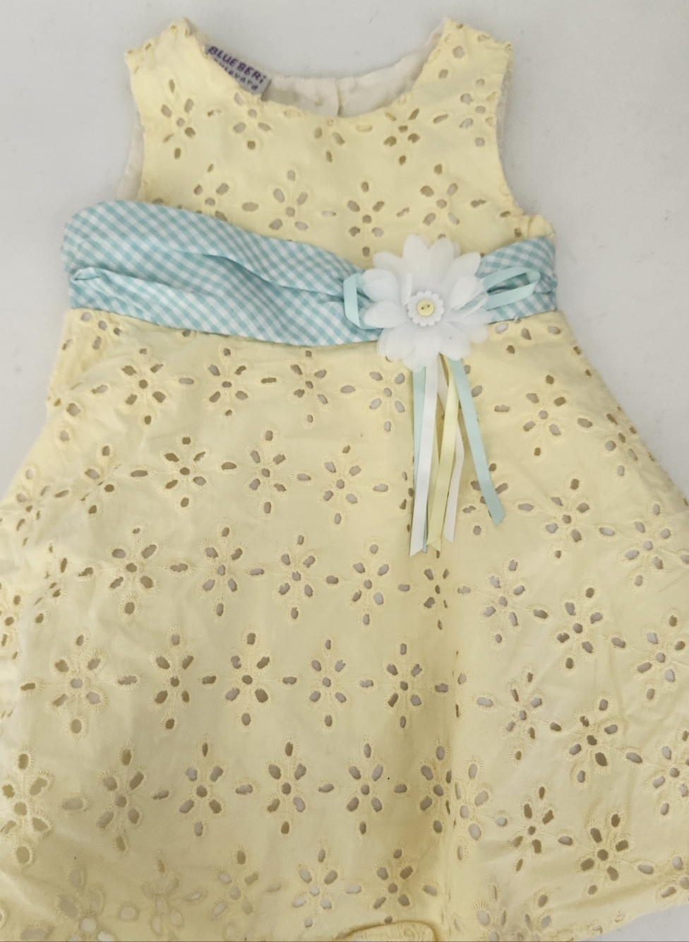 Blueberi Boulevard Pale Yellow Eyelet Dress with Aqua Gingham Sash Baby Girl 18M - Picture 2 of 5
